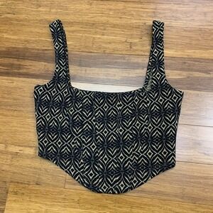 Free People Corset Tank Top Womens Small Brown Geometric Sleeveless Fitted Black